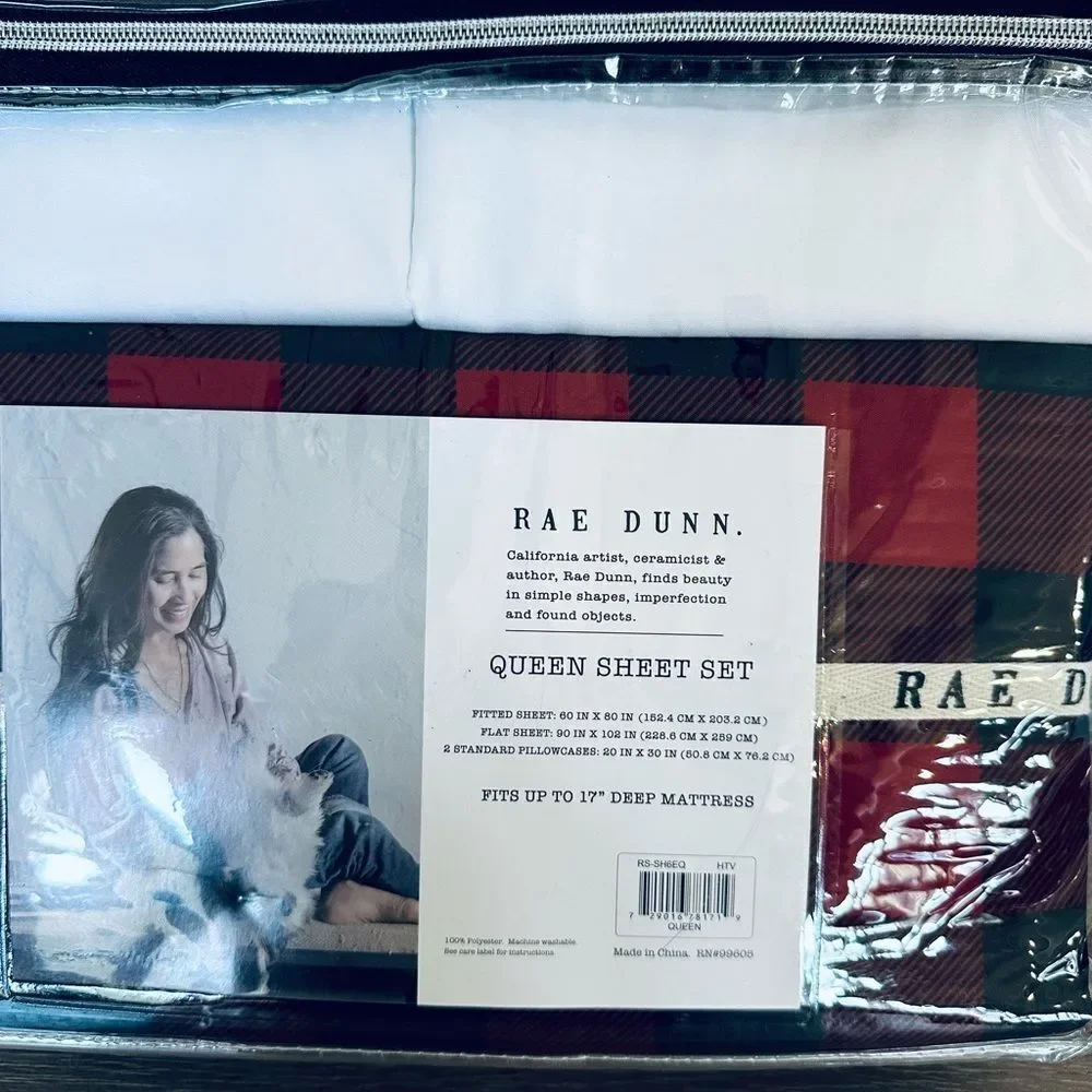 Rae Dunn Holiday Red Plaid Blessed Queen Bed Sheets Set